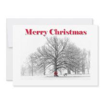 Large Winter Scene Red Bow Christmas Card (Flat)