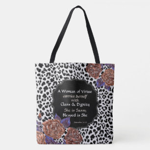 Large Woman of Virtue Floral Leopard Print Tote Bag