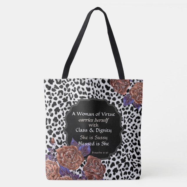 Large Woman of Virtue Floral Leopard Print Tote Bag (Front)