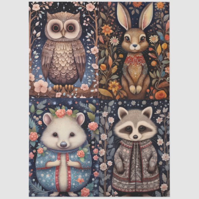 Large Woodland Forest Animals Floral Collage Tissue Paper (Front)