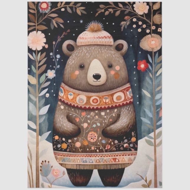 Large Woodland Forest Bear Floral Decoupage  Tissue Paper (Front)