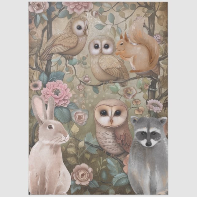 Large Woodland Forest Creatures Floral Decoupage  Tissue Paper (Front)
