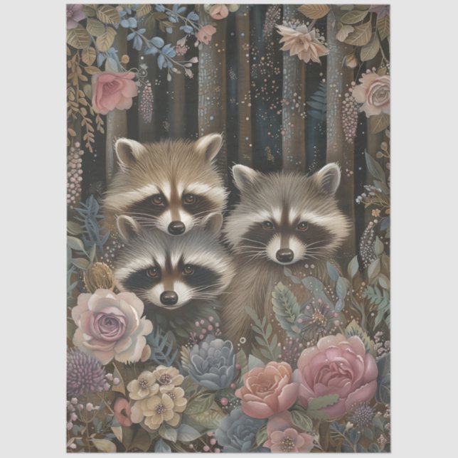 Large Woodland Forest Florals & Racoon Decoupage  Tissue Paper (Front)