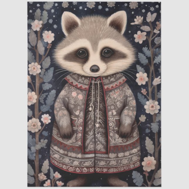 Large Woodland Forest Racoon Floral Decoupage  Tissue Paper (Front)