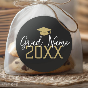 Large Year - Grad Name and Cap - Black Gold Classic Round Sticker