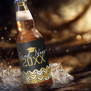 Large Year - Name and Cap - Black Gold Graduation Beer Bottle Label