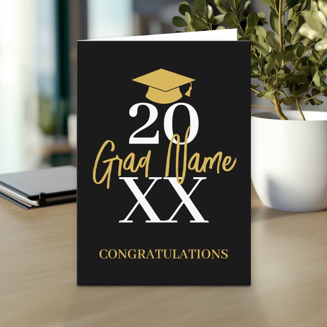 Large Year - Name and Cap - Black Gold Graduation Card (Custom Graduation Greeting Card - Add the Graduate's Name)