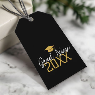 Large Year - Name and Cap - Black Gold Graduation Gift Tags