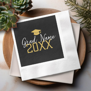 Large Year - Name and Cap - Black Gold Graduation Napkin