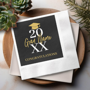 Large Year - Name and Cap - Black Gold Graduation Napkin
