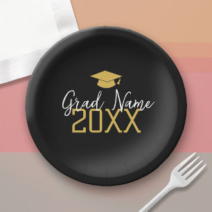 Large Year - Name and Cap - Black Gold Graduation Paper Plate