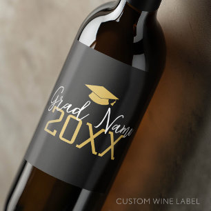 Large Year - Name and Cap - Black Gold Graduation Wine Label