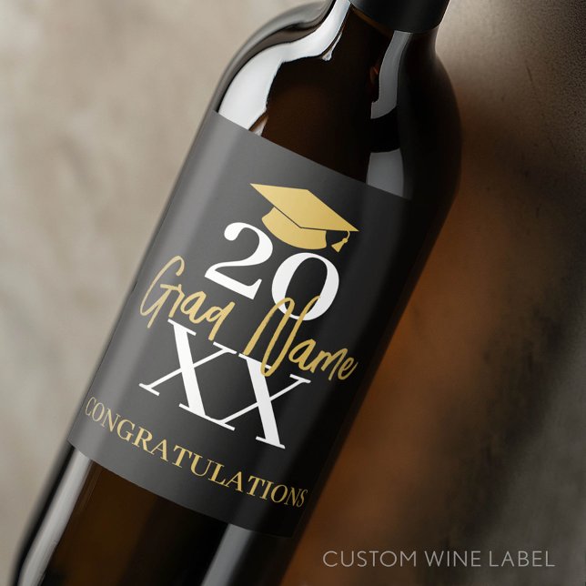 Large Year - Name and Cap - Black Gold Graduation Wine Label (Custom Graduation Wine Label - Celebrate the Graduate!)