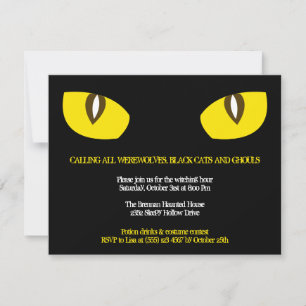 Large yellow cat eyes stare black Halloween party Invitation