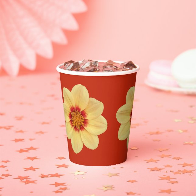 Large Yellow Dahlia on Red Floral Pattern Paper Cups (Insitu)