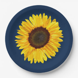 Large Yellow Sunflower on Navy Blue Background Pap Paper Plate