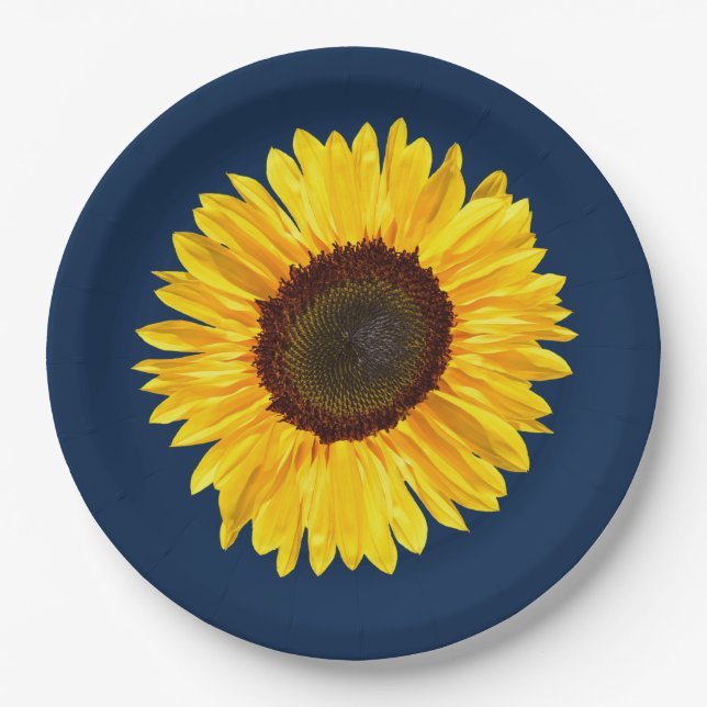 Large Yellow Sunflower on Navy Blue Background Pap Paper Plate (Front)