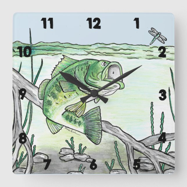 Largemouth Bass Fish after Dragonfly Fishing Square Wall Clock (Front)