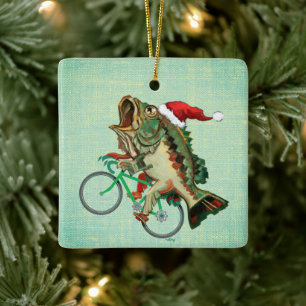 Largemouth Bass Riding a Bicycle With Santa Hat Ceramic Ornament