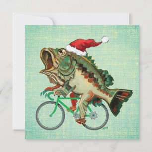 Largemouth Bass Riding a Bicycle With Santa Hat Holiday Card