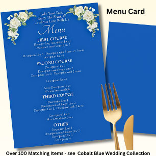Larger Menu Card - Cobalt Blue & White Roses