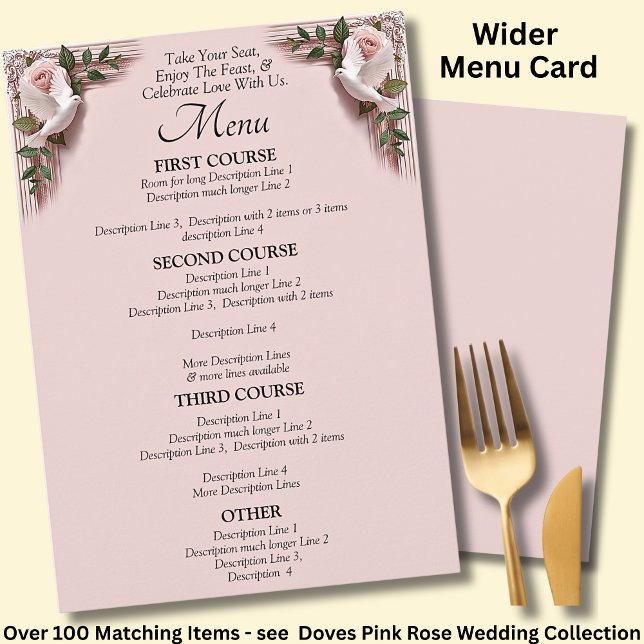 Larger Menu Card - Pink Roses & Doves Wedding (Creator Uploaded)