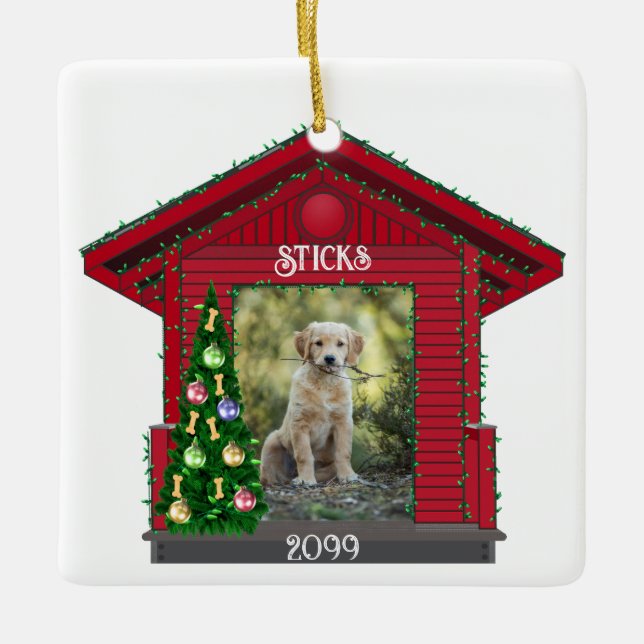 Larger Puppy Rectangular Upload Photo Dog House Ce Ceramic Ornament (Front)