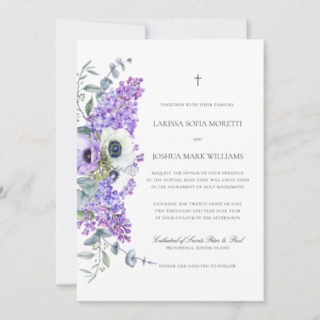Larissa Elegant Purple Floral Catholic Wedding Invitation (Front)