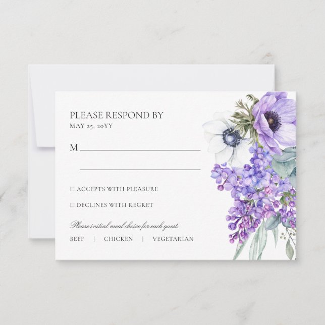 Larissa Purple Floral Meal Choice Wedding RSVP Card (Front)