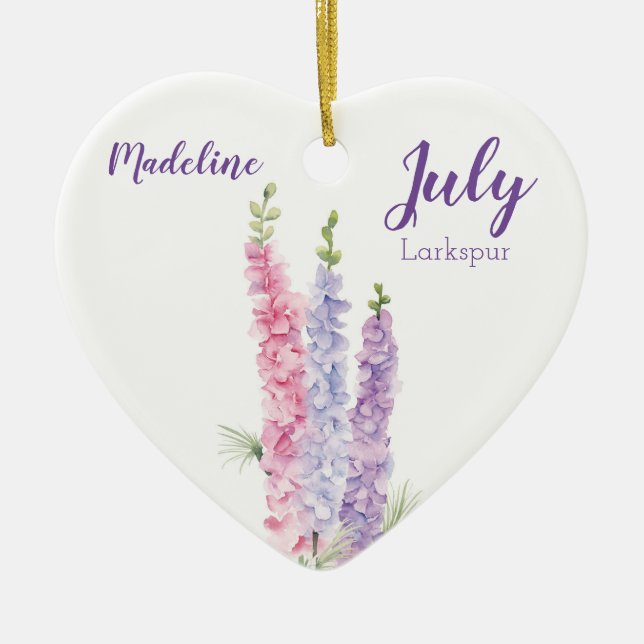 Larkspur July Birth Flower Ceramic Tree Decoration (Front)