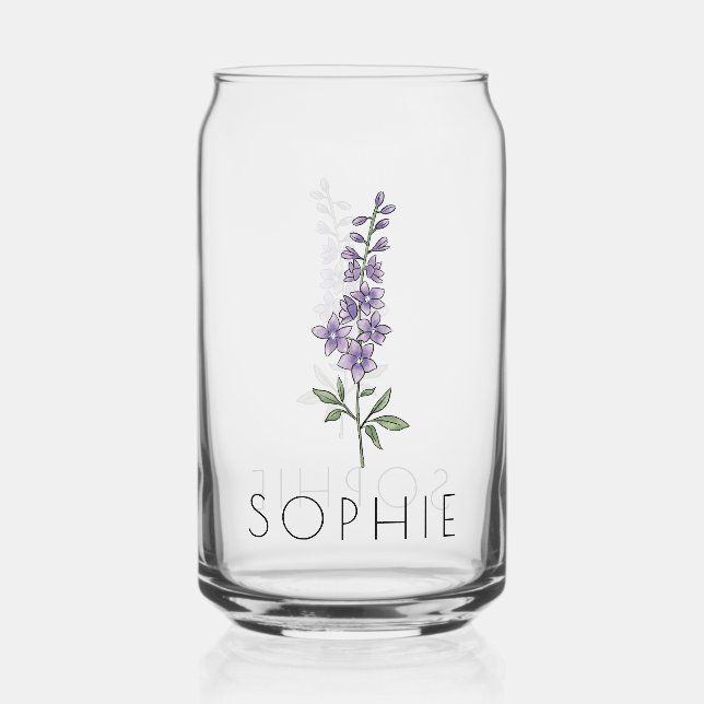 LARKSPUR July Birth Flower Custom Name Can Glass (Front)