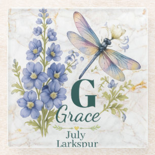 Larkspur July Birth Flower Dragonfly Personalised Glass Coaster