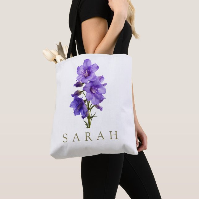 Larkspur July Custom Birth Flower Gift Tote Bag (Close Up)