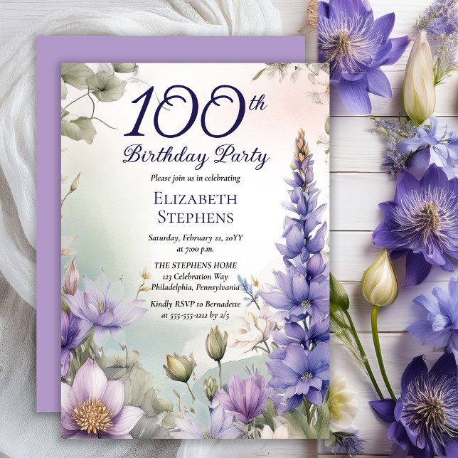 Larkspur | Water Lily Floral 100th Birthday Party Invitation (Elegant Boho Larkspur and Water Lilies Floral 100th Birthday Party Invitation - Print | Digital)
