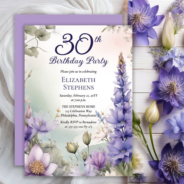 Larkspur | Water Lily Floral 30th Birthday Party Invitation (Elegant Boho Larkspur and Water Lilies Floral 30th Birthday Party Invitation - Print | Digital)