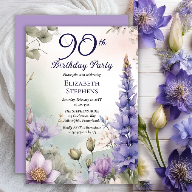 Larkspur | Water Lily Floral 90th Birthday Party Invitation (Elegant Boho Larkspur and Water Lilies Floral 90th Birthday Party Invitation - Print | Digital)