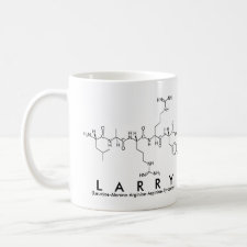 Mug featuring the name Larry spelled out in the single letter amino acid code