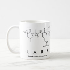 Mug featuring the name Lars spelled out in the single letter amino acid code