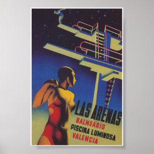 Las Arenas Spain Lighted Pool Vintage Travel Poster