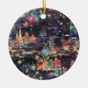 Las Vegas at New Year's in Watercolors Ceramic Tree Decoration