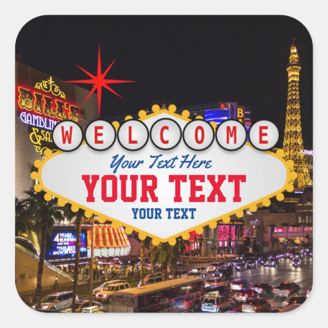 Las Vegas at Night Welcome Sign Your Text  Square Sticker (Front)