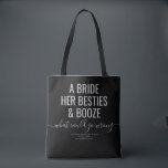 Las Vegas Bachelorette Funny Bride Besties Booze T Tote Bag<br><div class="desc">Funny Black and Grey Las Vegas Bachelorette custom tote bag with "A bride, her besties, and booze ... what could go wrong?" funny quote in modern trendy large font with calligraphy script accent and personalised text for the occasion, date, and location. All colours and fonts are editable if you'd like...</div>