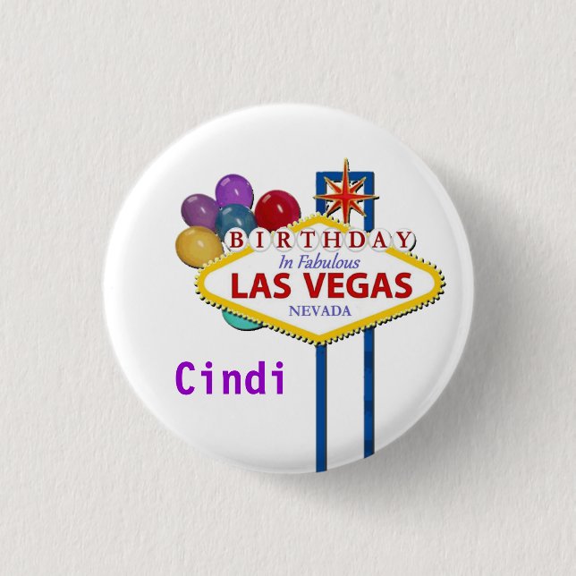 Las Vegas BIRTHDAY Button personalise with name (Front)