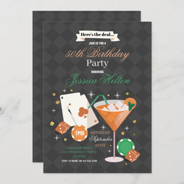 Las Vegas Birthday Casino Dice Chips Martini Party Invitation (Front/Back)