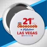 Las Vegas Birthday Party - 21st Birthday In Vegas 10 Cm Round Badge<br><div class="desc">Planning your 21st birthday in Vegas? This Welcome to Las Vegas sign style design is the perfect way for a 21 year old to celebrate with a birthday party in Vegas! Great for a girls' trip or birthday squad coming to Vegas for a weekend getaway or vacation. Features "21st Birthday...</div>