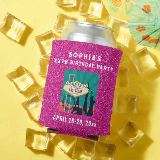 Las Vegas Birthday Party Favour Pink Glitter Can Cooler (In Situ Summer)