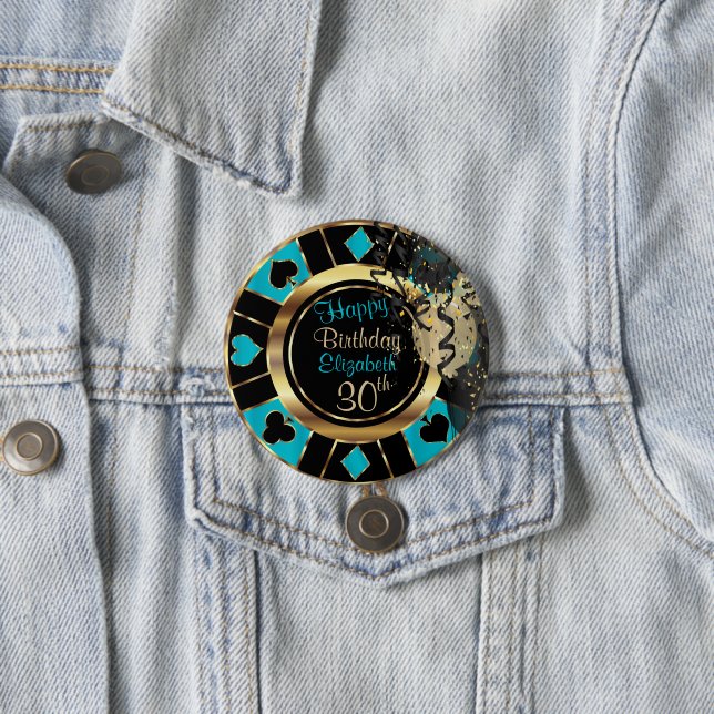 Las Vegas Birthday Party - Teal 7.5 Cm Round Badge (In Situ)
