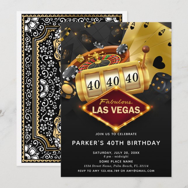 Las Vegas Casino Birthday Party Black Gold Invitation (Front/Back)