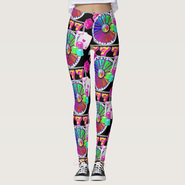 Las Vegas Casino Cards Chips Dice 7's And Wheel Leggings (Front)