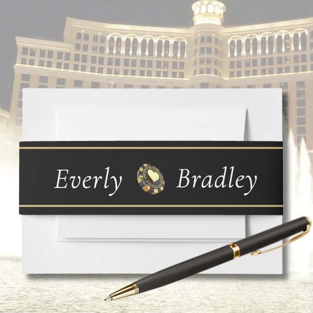 Las Vegas Casino Chip Black Gold Heart Wedding   Invitation Belly Band (Creator Uploaded)